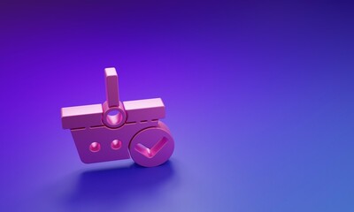 Poster - pink shopping basket with check mark icon isolated on purple-blue background. supermarket basket wit