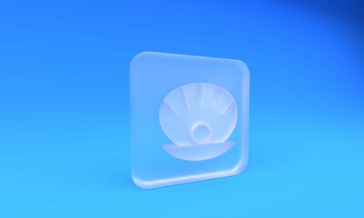 Poster - Frosted glass Natural open shell with pearl icon isolated on blue background. Scallop sea shell. Seashell sign. Square frosted glass button. 3D render illustration