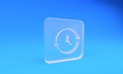Poster - Frosted glass Clock icon isolated on blue background. Time symbol. Square frosted glass button. 3D render illustration