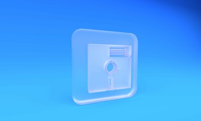 Poster - Frosted glass Floppy disk in the 5.25-inch icon isolated on blue background. Floppy disk for computer data storage. Diskette sign. Square frosted glass button. 3D render illustration