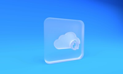 Poster - Frosted glass Cloud sync refresh icon isolated on blue background. Cloud and arrows. Square frosted glass button. 3D render illustration
