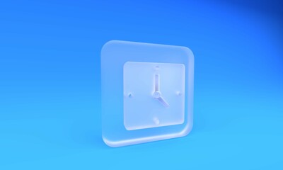 Poster - Frosted glass Clock icon isolated on blue background. Time symbol. Square frosted glass button. 3D render illustration