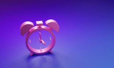 Poster - Pink Alarm clock icon isolated on purple-blue background. Wake up, get up concept. Time sign. Minimalism concept. 3D render illustration