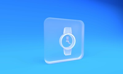 Poster - Frosted glass Wrist watch icon isolated on blue background. Wristwatch icon. Square frosted glass button. 3D render illustration