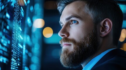 Fototapete - Monitor Security expert analyzing surveillance footage on multiple screens.