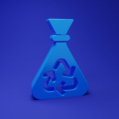 Poster - Blue Garbage bag with recycle symbol icon isolated on blue background. Trash can icon. Recycle basket sign. Minimalism concept. 3D render illustration