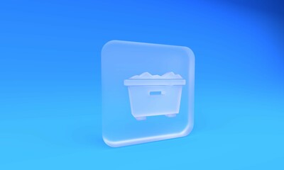 Poster - Frosted glass Trash can icon isolated on blue background. Garbage bin sign. Recycle basket icon. Office trash icon. Square frosted glass button. 3D render illustration