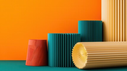 Poster - Colorful pleated paper cylinders and cones arranged against an orange and teal background.