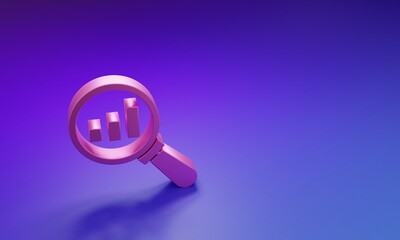 Poster - Pink Magnifying glass and data analysis icon isolated on purple-blue background. Minimalism concept. 3D render illustration