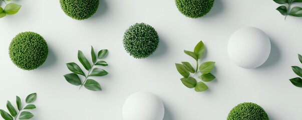 Poster - Minimalist flat lay with green leaves and textured spheres on a light background, evoking a fresh, natural aesthetic.
