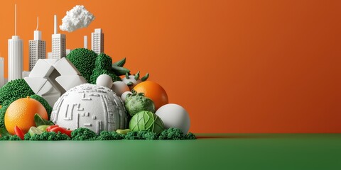 Poster - A cityscape blends with fruits and vegetables, symbolizing sustainability and urban agriculture on an orange and green background.