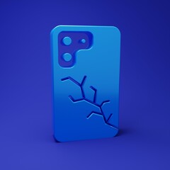 Fototapete - Blue Smartphone with broken screen icon isolated on blue background. Shattered phone screen icon. Minimalism concept. 3D render illustration
