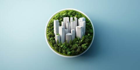 Poster - A miniature cityscape surrounded by lush green trees inside a round frame, symbolizing urban sustainability and eco-friendly living.