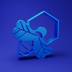 Poster - Blue Bee and honeycomb icon isolated on blue background. Honey cells. Honeybee or apis with wings symbol. Flying insect. Sweet natural food. Minimalism concept. 3D render illustration