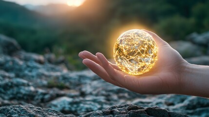 Fototapete - Resource Hand holding a glowing energy orb representing power, potential, and sustainability