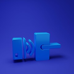 Poster - Blue Digital door lock with wireless technology for unlock icon isolated on blue background. Door handle sign. Security smart home. Minimalism concept. 3D render illustration