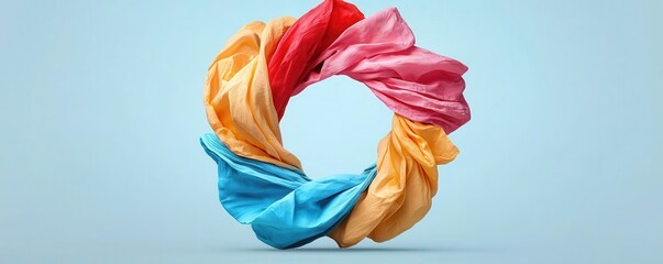 Poster - Colorful fabrics twisted into a circular shape, floating against a light blue background.
