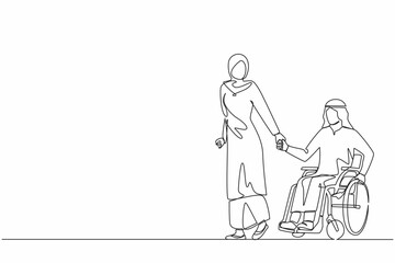 Poster - Continuous one line drawing Arabian wife walk the park with disabled husband, man on wheelchair. Assistance in rehabilitation of disabled person. Lovely couple. Single line draw design vector graphic