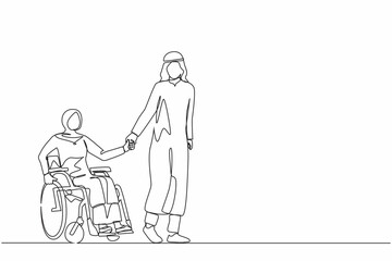 Poster - Single one line drawing Arabic husband walk the park with disabled wife, woman on wheelchair. Assistance in rehabilitation of disabled person. Lovely couple. Continuous line draw design graphic vector