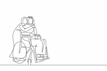 Poster - Single one line drawing Arabic man in wheelchair after car accident and his wife to give encouragement. Mutual care has made people with disabilities equality in society. Continuous line design vector