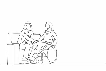 Poster - Single continuous line drawing Arab couple at home with disability woman in wheelchair holding hands with man sitting on sofa. Assistance rehabilitation of disabled person. One line draw design vector