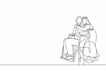 Poster - Continuous one line drawing Arab woman in wheelchair after car accident and her husband to give encouragement. Mutual care has made disabled people equality in society. Single line draw design vector