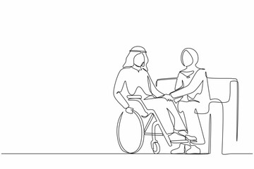 Poster - Single one line drawing Arabian couple with disability man in wheelchair holding hands with woman sitting on sofa. Assistance rehabilitation of disabled person. Continuous line design graphic vector