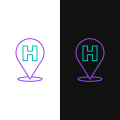 Poster - Line Medical map pointer with cross hospital icon isolated on white and black background. Colorful outline concept. Vector