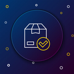 Fototapete - Line Package box with check mark icon isolated on blue background. Parcel box with checkmark. Approved delivery or successful package receipt. Colorful outline concept. Vector