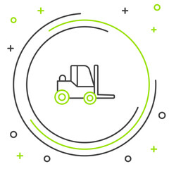 Poster - Line Forklift truck icon isolated on white background. Fork loader and cardboard box. Cargo delivery, shipping, transportation. Colorful outline concept. Vector