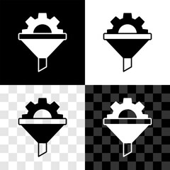 Poster - Set Sales funnel with arrows for marketing and startup business icon isolated on black and white, transparent background. Infographic template. Vector