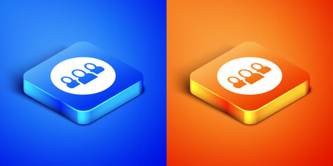 Poster - Isometric Project team base icon isolated on blue and orange background. Business analysis and planning, consulting, team work, project management. Square button. Vector