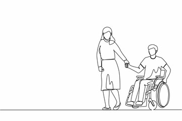 Poster - Continuous one line drawing wife walk the park with disabled husband, man on wheelchair. Assistance in rehabilitation of disabled person. Lovely couple. Single line design vector graphic illustration