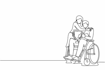 Poster - Single continuous line drawing disability man on wheelchair with trophy cup sharing his joy from achievements and victory with his wife. Disabled people success in sport. One line draw design vector