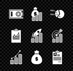 Poster - Set Safe, Money bag and coin, Pie chart infographic, Clipboard with resume, and Rocket flying up coins growth icon. Vector