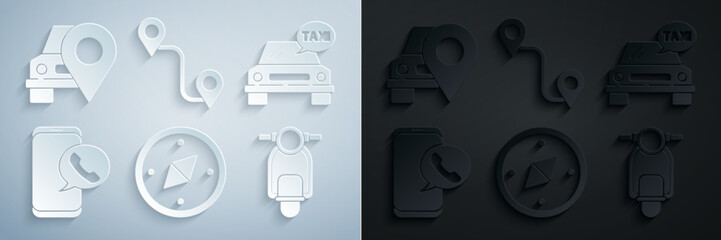 Poster - set compass, taxi car, call telephone service, scooter, route location and map pointer with taxi ico