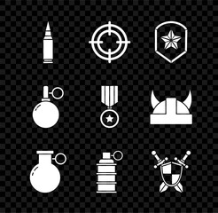Poster - Set Bullet, Target sport, Police badge, Hand grenade, Medieval shield with crossed swords, and Military reward medal icon. Vector