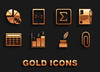 Poster - Set Graph, schedule, chart, diagram, Test or exam sheet and pen, Paper clip, Feather inkwell, Calculator, Sigma symbol, and Tablet with calculator icon. Vector