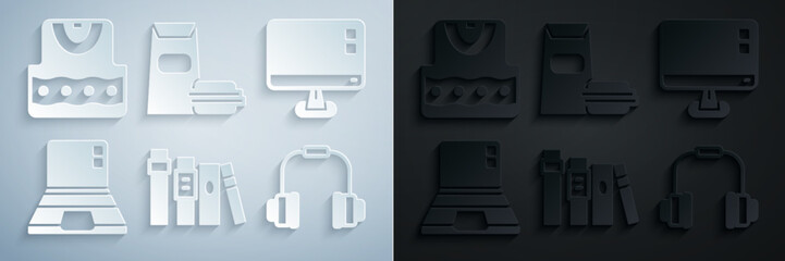 Poster - Set Book, Computer monitor screen, Laptop, Headphones, Burger and Waistcoat icon. Vector