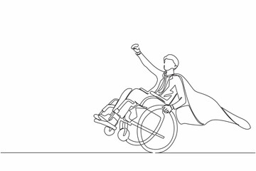 Poster - Single continuous line drawing happy disabled businessman in cloak suit pretend to be superhero, raising hands up. Be happy and strong despite life's difficulties. One line draw graphic design vector