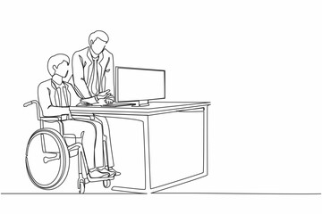 Poster - Single continuous line drawing disabled businessman in wheelchair working with colleague in office. People discussing business graph on computer. One line draw graphic design vector illustration