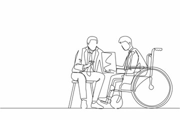 Poster - Single one line drawing smiling disabled patient in wheelchair talking with doctor, discuss the results of medical examination. Doctor hold checklist. Continuous line draw design vector illustration