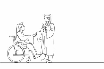 Poster - Continuous one line drawing full length of male graduate student in wheelchair shaking hand with male graduate student standing and holding diploma. Single line draw design vector graphic illustration