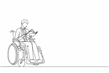 Poster - Continuous one line drawing positive student disabled reads book while sitting in wheelchair. Injured guy studying in college. Rehabilitation of disabled people. Single line draw design vector