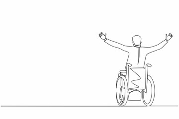 Poster - Single one line drawing back view businessman sitting in wheelchair, raising arms in happiness, rehabilitation concept. Happy person raising his hands up for joy. Continuous line draw design vector