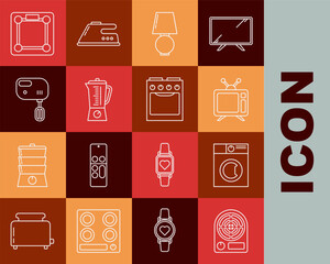 Poster - Set line Electric heater, Washer, Television, Table lamp, Blender, mixer, Bathroom scales and Oven icon. Vector
