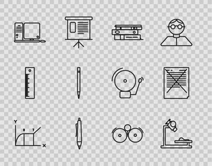 Poster - Set line Pie chart infographic, Office folders with papers and documents, Pen, Computer monitor keyboard mouse, Pencil eraser, Ringing alarm bell and Exam incorrect answers survey icon. Vector