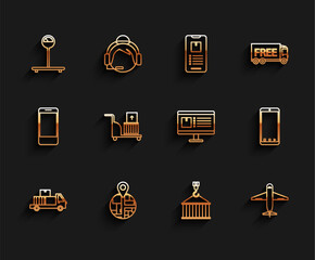 Poster - Set line Delivery truck with cardboard boxes, Scale, Container on crane, Plane, Electric hand and, Mobile phone app delivery tracking and Computer monitor icon. Vector