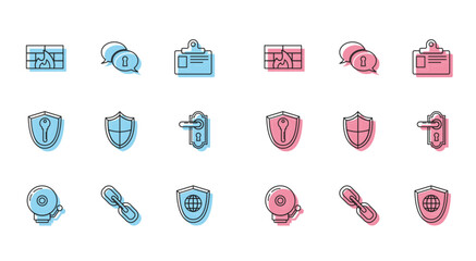 Poster - Set line Ringing alarm bell, Chain link, Firewall, security wall, Shield with world globe, Door handle, key and Protection of personal data icon. Vector