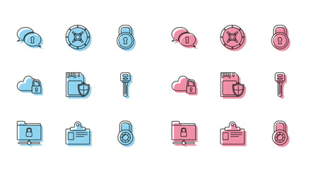 Poster - Set line FTP folder and lock, Identification badge, Protection of personal data, Safe combination wheel, SD card shield, Key, Cloud computing and icon. Vector